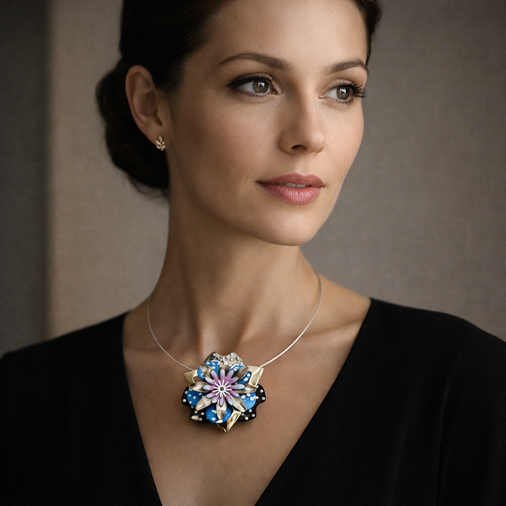 Fleur Black, Blue & Purple Convertible Necklace Brooch | Hand-Enameled Copper