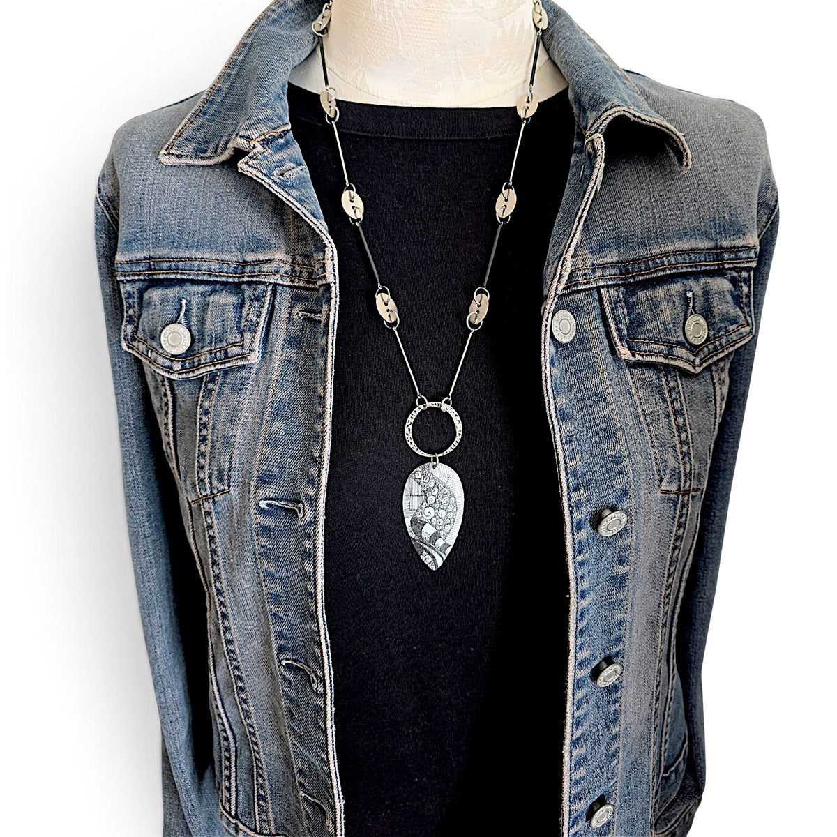 Geometric Garden Statement Necklace: Raw Brass, Powder Coat & Decal Art