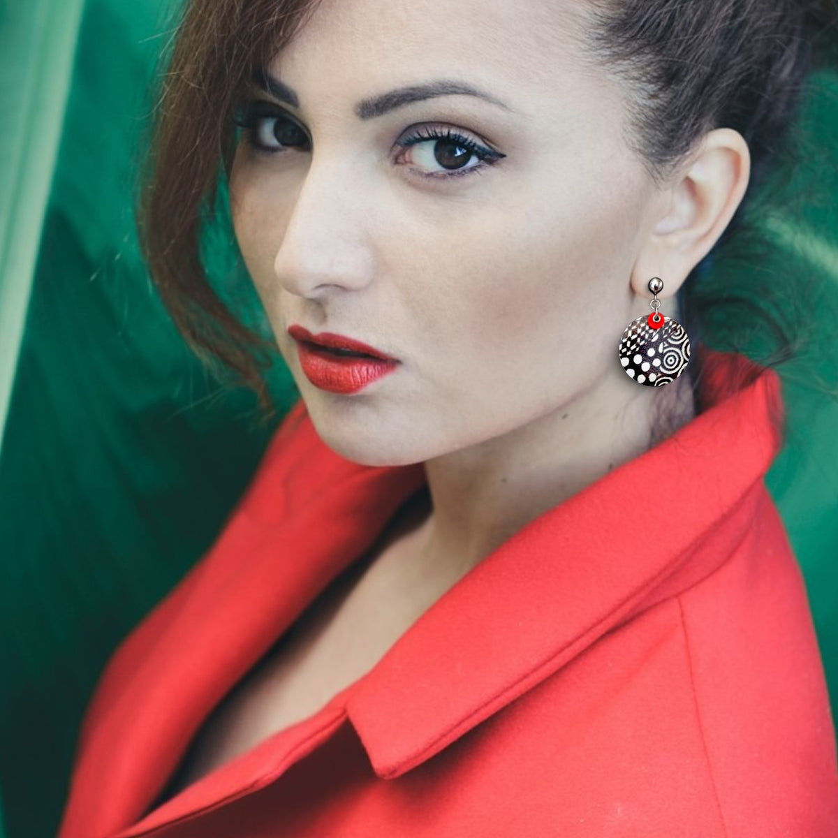 Black, White & Dot Red Decal Earrings II