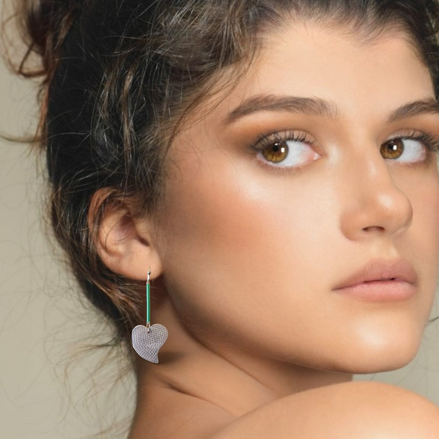 Silver Heart Earrings with Green Bar