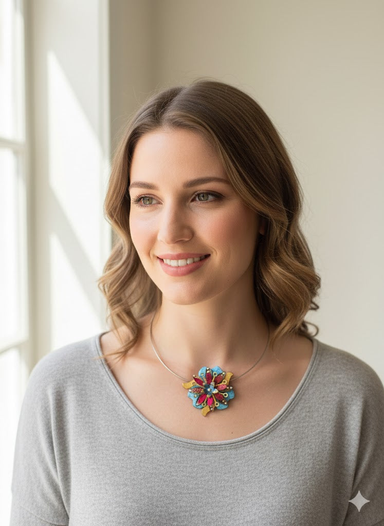 Fleur Blue & Magenta Convertible Necklace Brooch | Hand-Enameled Copper