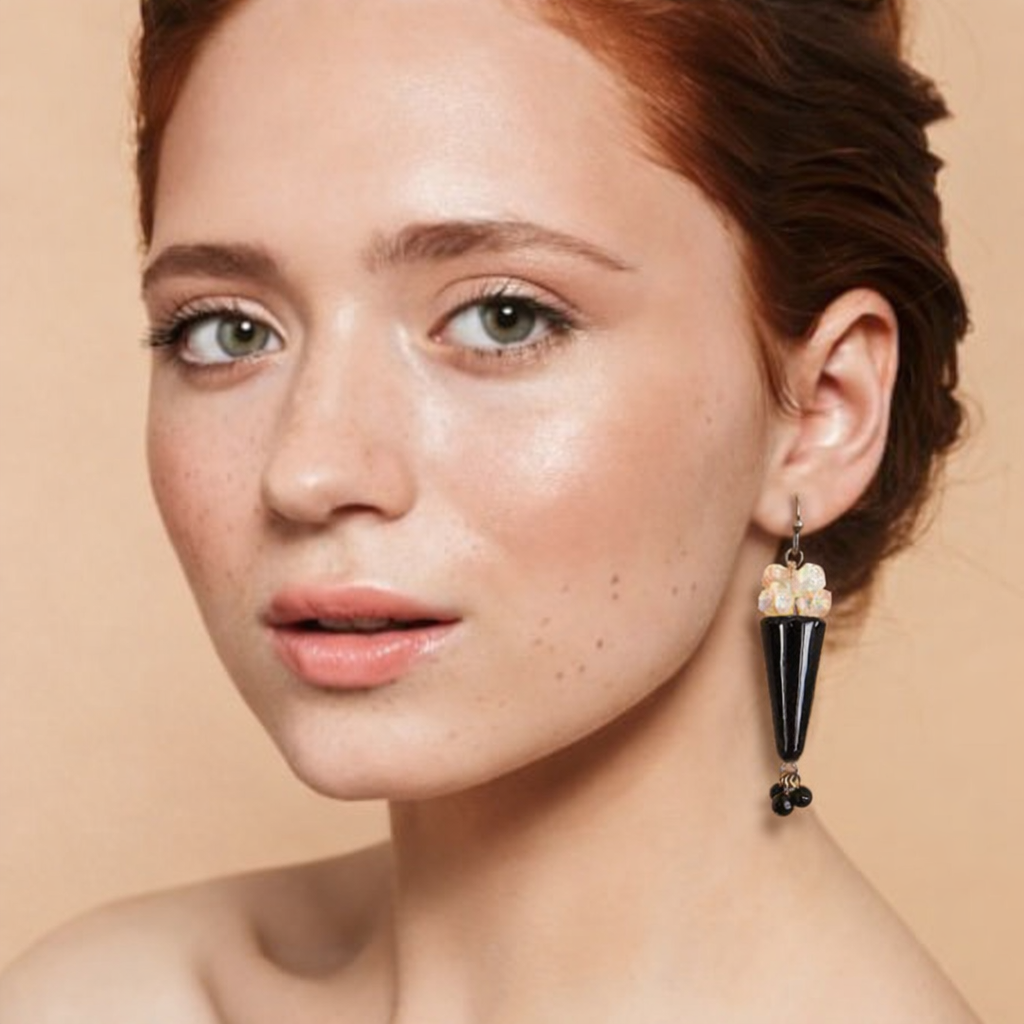 Vintage 1960s Mid-Century Lucite Drop Earrings | Black & Amber Art Deco Style Cones