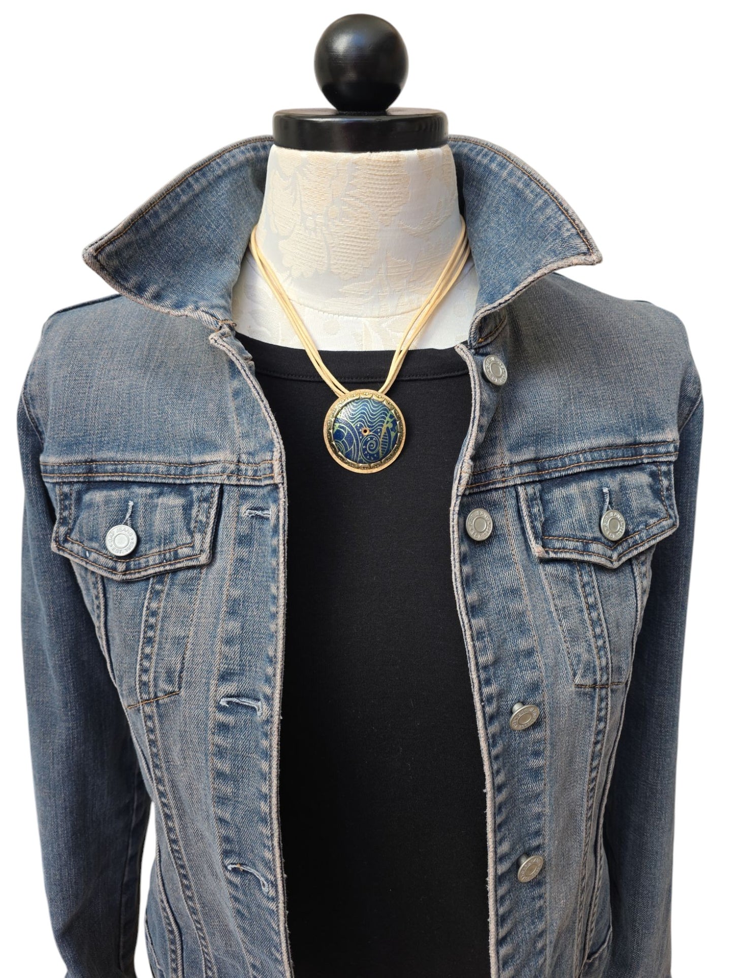 Blue Patterned Brass Necklace