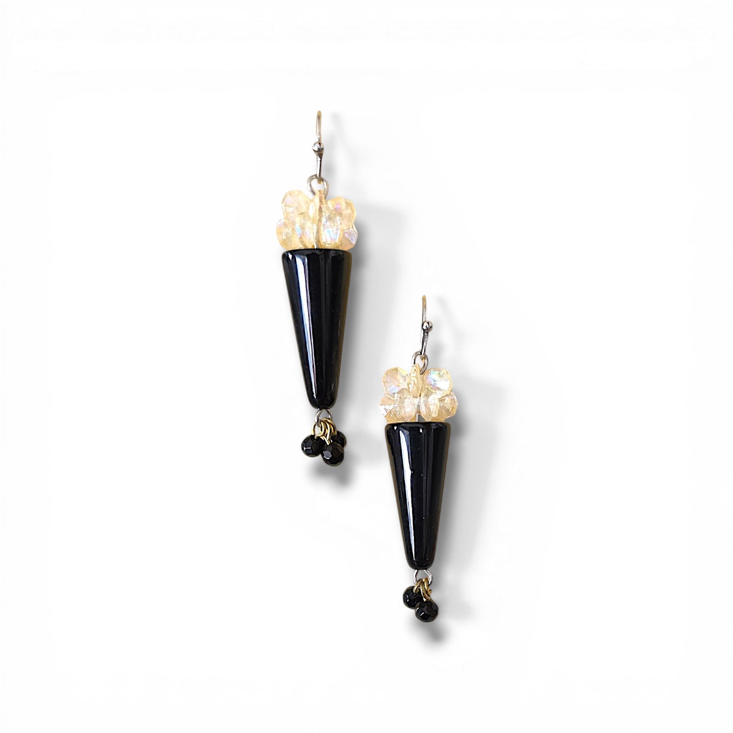 Vintage 1960s Mid-Century Lucite Drop Earrings | Black & Amber Art Deco Style Cones