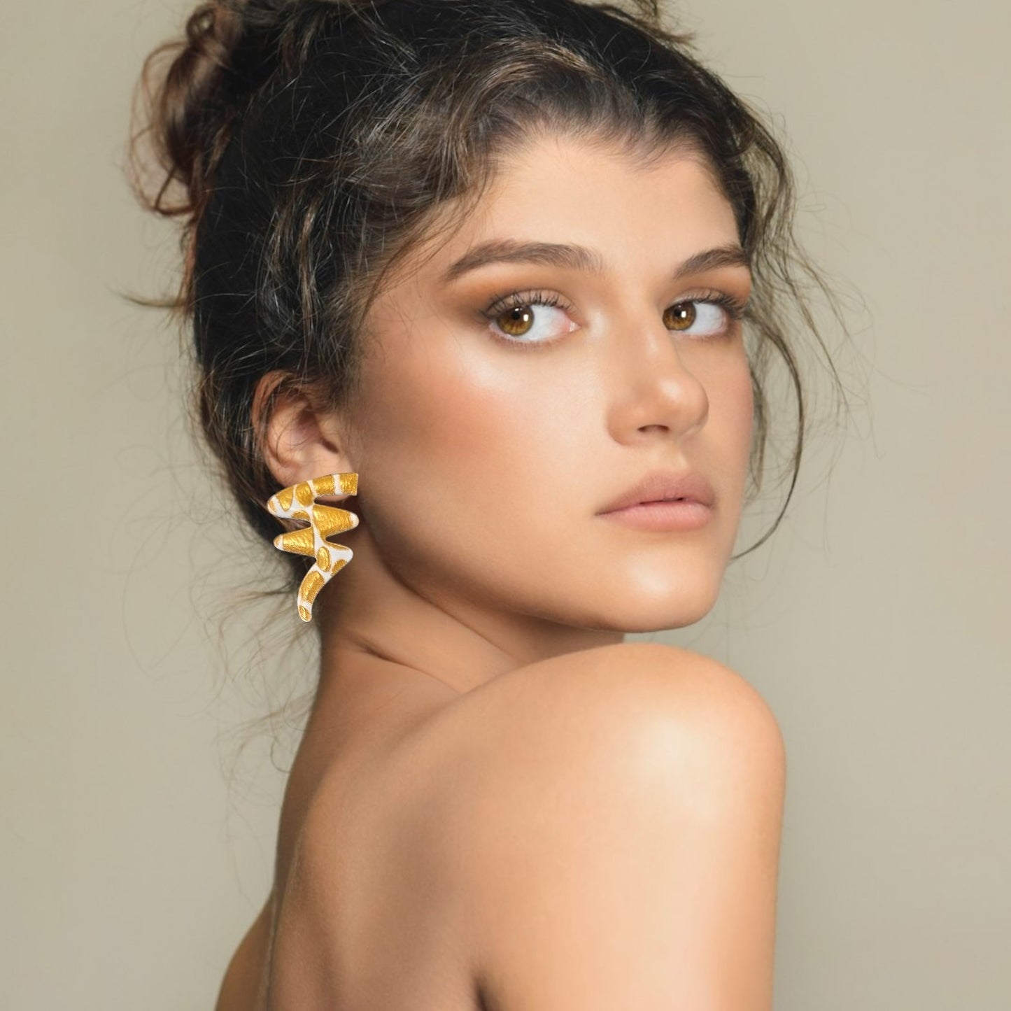 Lightning Bolt Abstract Gold and White Powder-Coated Steel Earrings
