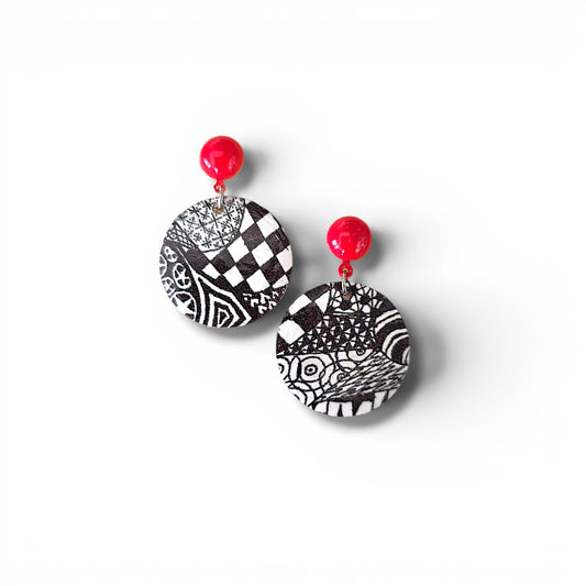 Black, White & Dot Red Decal Earrings