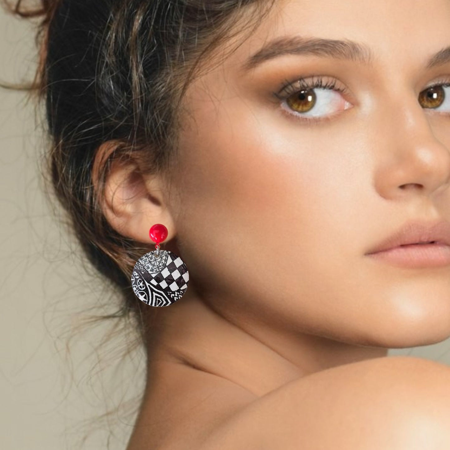 Black, White & Dot Red Decal Earrings