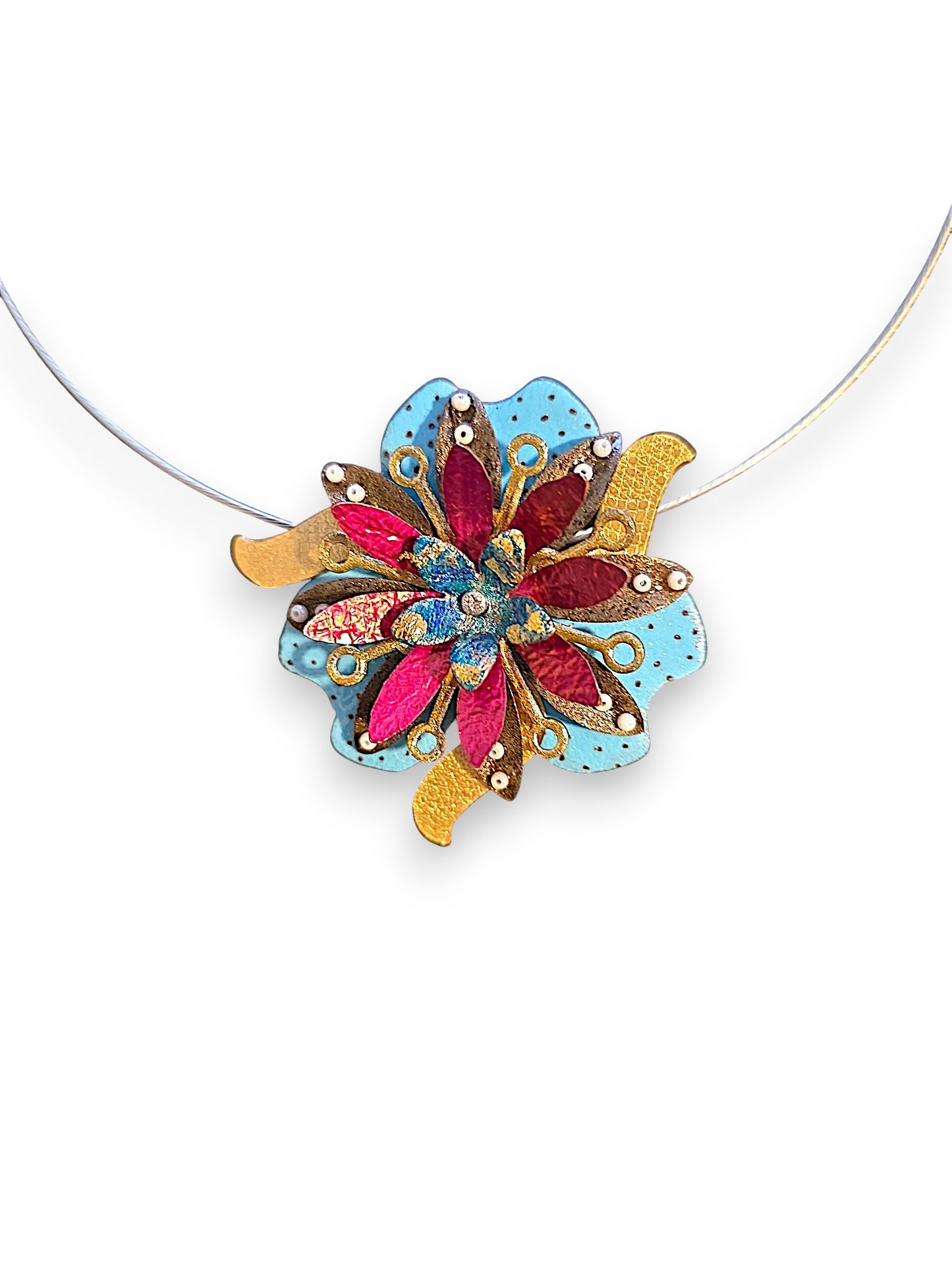 Fleur Blue & Magenta Convertible Necklace Brooch | Hand-Enameled Copper