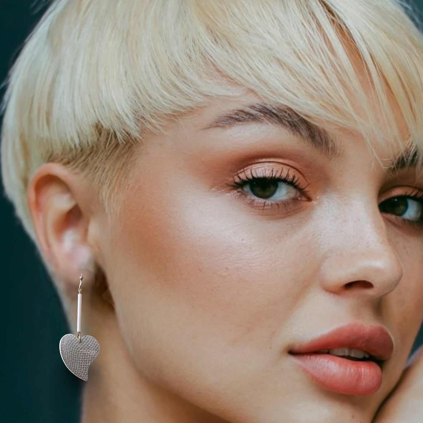 Silver Heart Earrings with White Bar