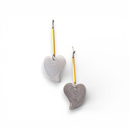 Silver Heart Earrings with Yellow Bar