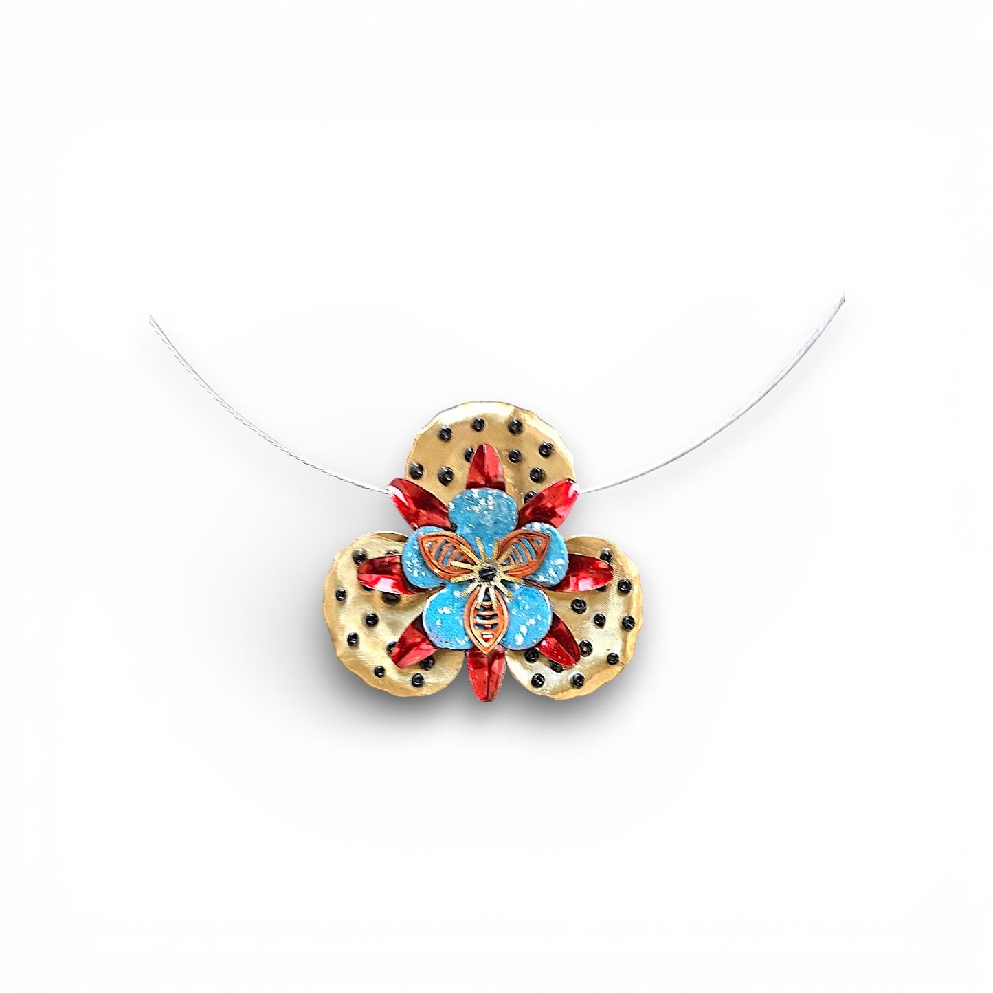 Fleur Gold, Red & Blue Convertible Necklace Brooch | Hand-Enameled Copper
