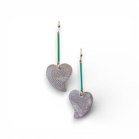 Silver Heart Earrings with Green Bar