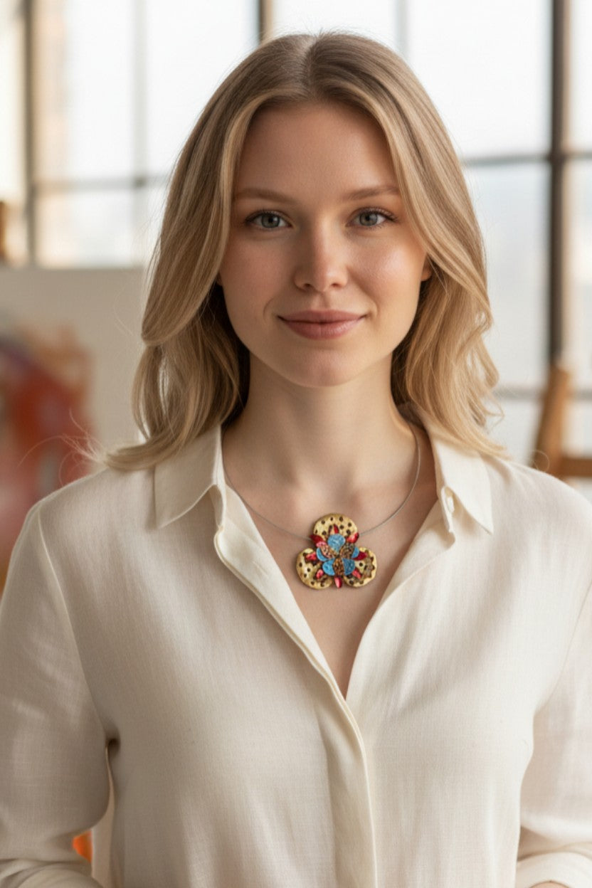 Fleur Gold, Red & Blue Convertible Necklace Brooch | Hand-Enameled Copper